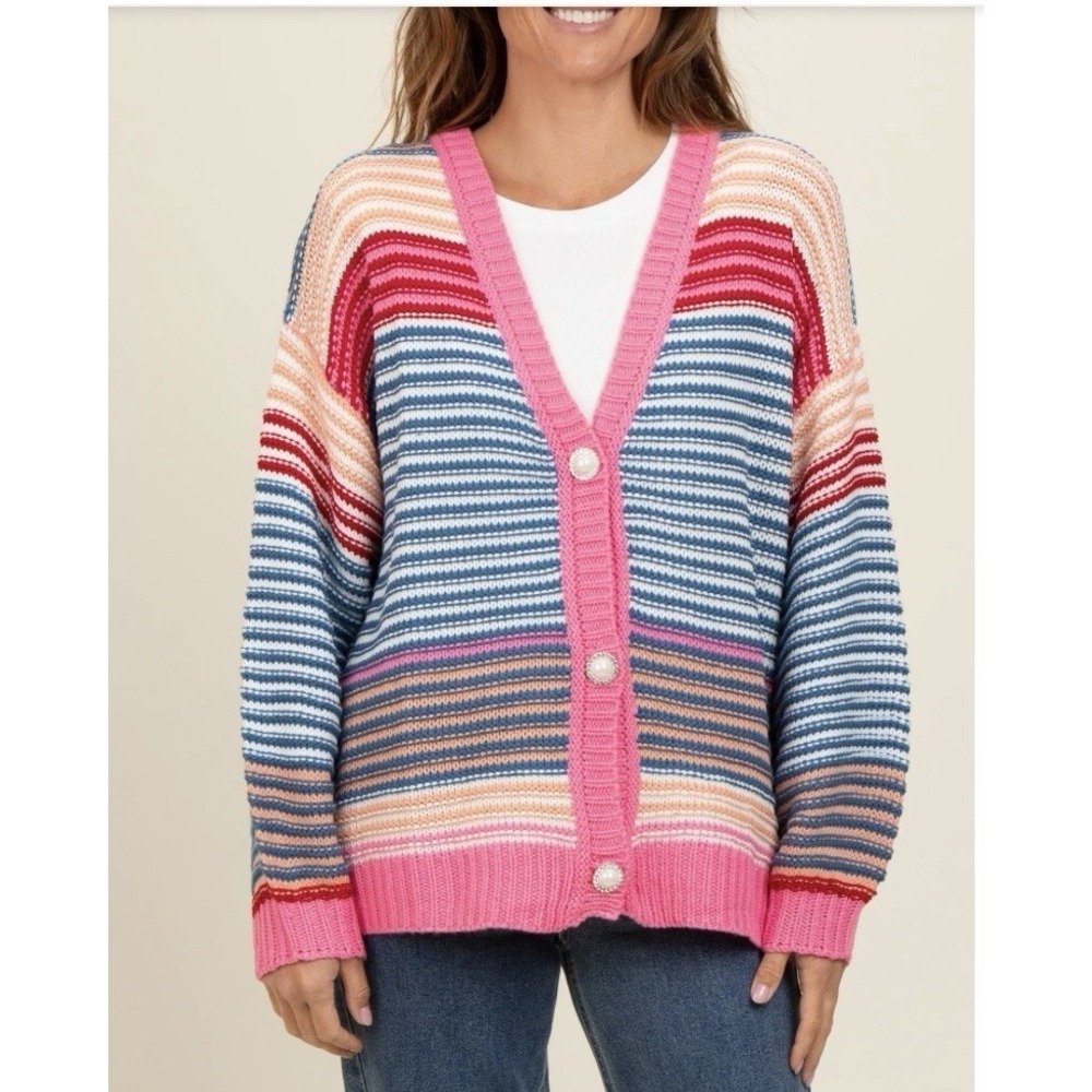 MWT BiBi Striped Chunky Knit V-Neck Cardigan Sweater Pearl Rhinestone Buttons L